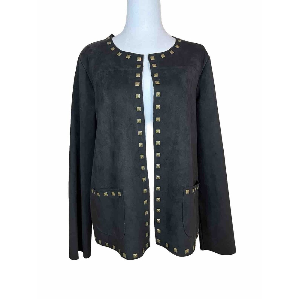 Carmen Marc Valvo Womens Jacket Black Faux Suede Gold Studded Long Sleeve Size M